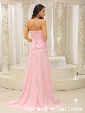 Sweetheart Pink High Slit Brush Beading Prom Gown Ruched