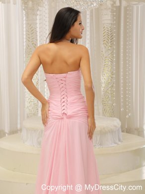 Sweetheart Pink High Slit Brush Beading Prom Gown Ruched