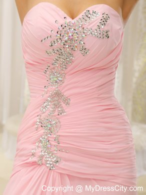 Sweetheart Pink High Slit Brush Beading Prom Gown Ruched