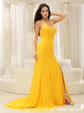 High Slit Yellow Halter Chiffon Brush Train prom Dress