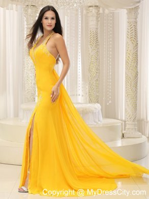 High Slit Yellow Halter Chiffon Brush Train prom Dress