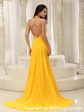 High Slit Yellow Halter Chiffon Brush Train prom Dress