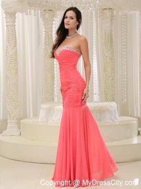 Beaded Mermaid Sweetheart Coral Red Prom Dress with Ruching