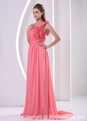 One Shoulder Watermelon Hand Made Flowers Prom Dress