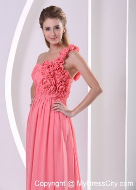 One Shoulder Watermelon Hand Made Flowers Prom Dress