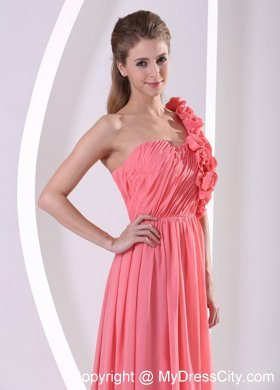 One Shoulder Watermelon Hand Made Flowers Prom Dress