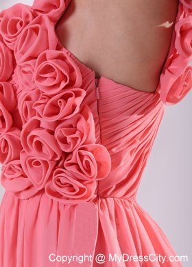 One Shoulder Watermelon Hand Made Flowers Prom Dress