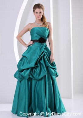 Turquoise Hand Flower Belt Prom Gown With Ruching Pick-ups