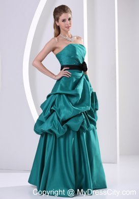 Turquoise Hand Flower Belt Prom Gown With Ruching Pick-ups