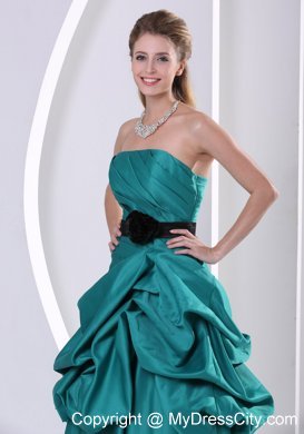 Turquoise Hand Flower Belt Prom Gown With Ruching Pick-ups