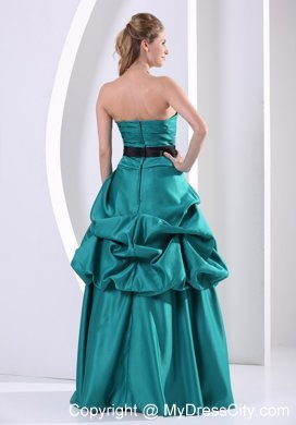 Turquoise Hand Flower Belt Prom Gown With Ruching Pick-ups