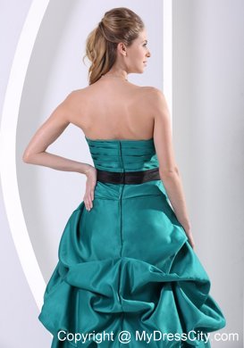 Turquoise Hand Flower Belt Prom Gown With Ruching Pick-ups