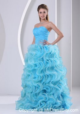 Aqua Blue Organza Sweetheart Prom Dress with Ruffles Beads