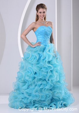 Aqua Blue Organza Sweetheart Prom Dress with Ruffles Beads