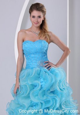 Aqua Blue Organza Sweetheart Prom Dress with Ruffles Beads