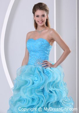 Aqua Blue Organza Sweetheart Prom Dress with Ruffles Beads