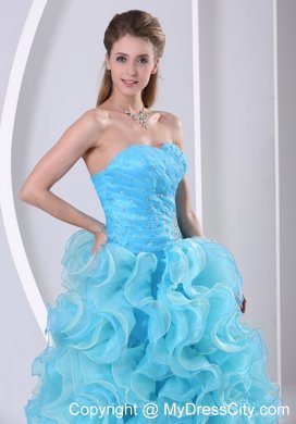 Aqua Blue Organza Sweetheart Prom Dress with Ruffles Beads