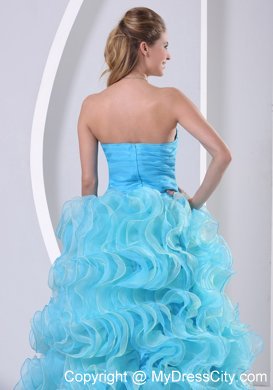 Aqua Blue Organza Sweetheart Prom Dress with Ruffles Beads