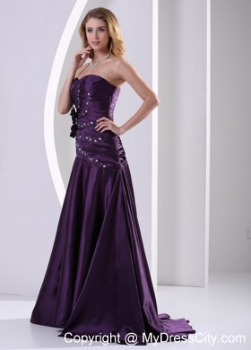 Eggplant Purple Flowers Taffeta Beading Prom Dress Ruched