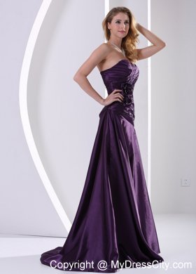 Eggplant Purple Flowers Taffeta Beading Prom Dress Ruched