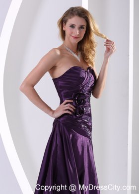 Eggplant Purple Flowers Taffeta Beading Prom Dress Ruched