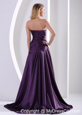 Eggplant Purple Flowers Taffeta Beading Prom Dress Ruched