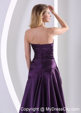 Eggplant Purple Flowers Taffeta Beading Prom Dress Ruched