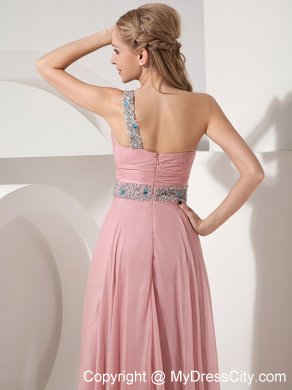 2013 One Shoulder Prom Dress in Pink Column Chiffon Beaded