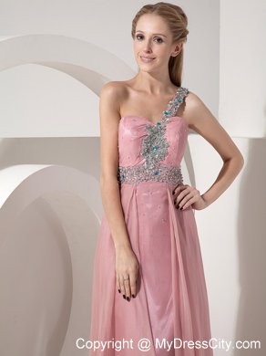 2013 One Shoulder Prom Dress in Pink Column Chiffon Beaded