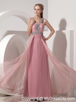 2013 One Shoulder Prom Dress in Pink Column Chiffon Beaded