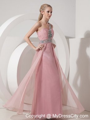 2013 One Shoulder Prom Dress in Pink Column Chiffon Beaded