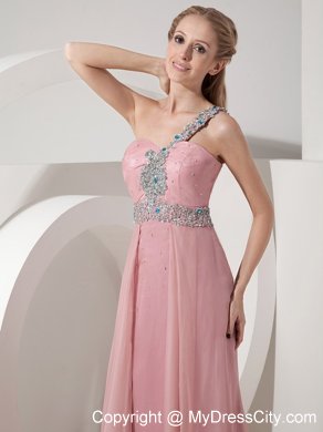 2013 One Shoulder Prom Dress in Pink Column Chiffon Beaded