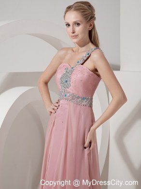 2013 One Shoulder Prom Dress in Pink Column Chiffon Beaded