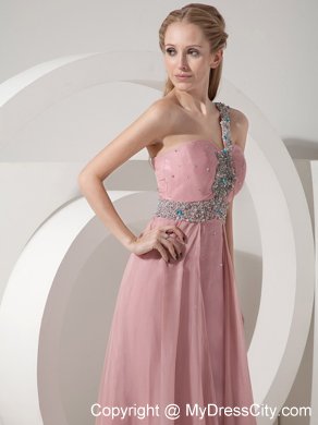 2013 One Shoulder Prom Dress in Pink Column Chiffon Beaded