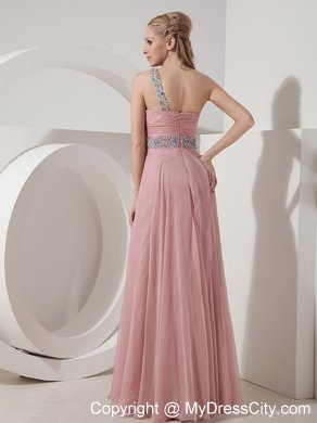 2013 One Shoulder Prom Dress in Pink Column Chiffon Beaded