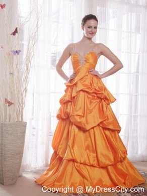 Straps Orange Taffeta Beaded Prom Dress with Pick-ups