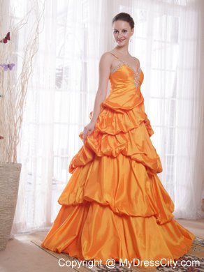 Straps Orange Taffeta Beaded Prom Dress with Pick-ups