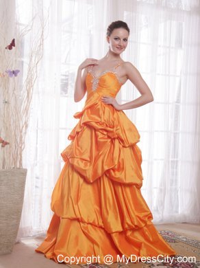 Straps Orange Taffeta Beaded Prom Dress with Pick-ups