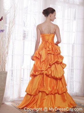 Straps Orange Taffeta Beaded Prom Dress with Pick-ups