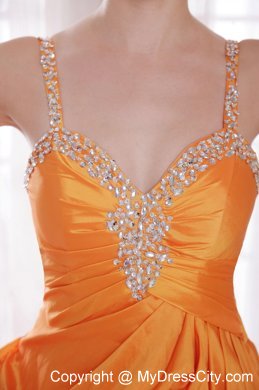 Straps Orange Taffeta Beaded Prom Dress with Pick-ups