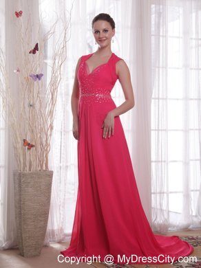 Empire V-neck Beaded Coral Red Sweep Train Chiffon Prom Dress