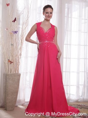 Empire V-neck Beaded Coral Red Sweep Train Chiffon Prom Dress