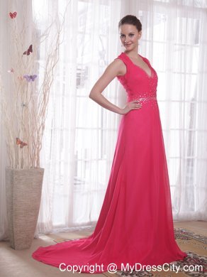 Empire V-neck Beaded Coral Red Sweep Train Chiffon Prom Dress