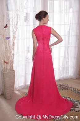 Empire V-neck Beaded Coral Red Sweep Train Chiffon Prom Dress