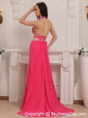 Halter Coral Red Chiffon Prom Dress with Beaded Cut Out Waist