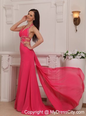 Halter Coral Red Chiffon Prom Dress with Beaded Cut Out Waist