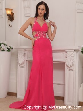 Halter Coral Red Chiffon Prom Dress with Beaded Cut Out Waist