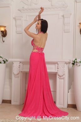 Halter Coral Red Chiffon Prom Dress with Beaded Cut Out Waist