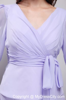 Lavender Knee-length V-neck Chiffon Prom Dress with Sleeves