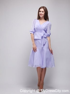 Lavender Knee-length V-neck Chiffon Prom Dress with Sleeves